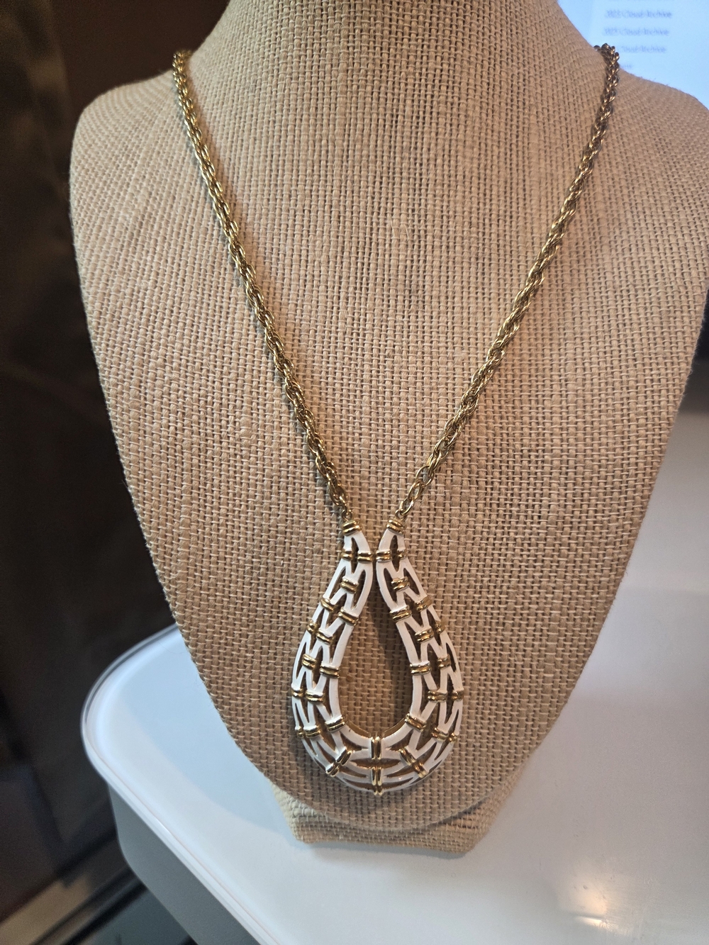 Crown Trifari White Enamel Gold Bohemian Woven Tulip Teardrop Pendant Necklace